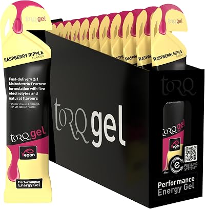 TORQ Running Gels with Electrolytes Raspberry Ripple 30g Carbs 15 gels 2:1