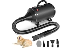 BLANLODY High Velocity Blow Dryer For Dogs, 5.2HP/ 3800W Dog Hair Dryer Speed Temperature Adjustable，Dog Blow Dryer with Thickened Handle,Low Noise Dog Blower Grooming Dryer，4 Nozzles ,1 Massage Brush,Black
