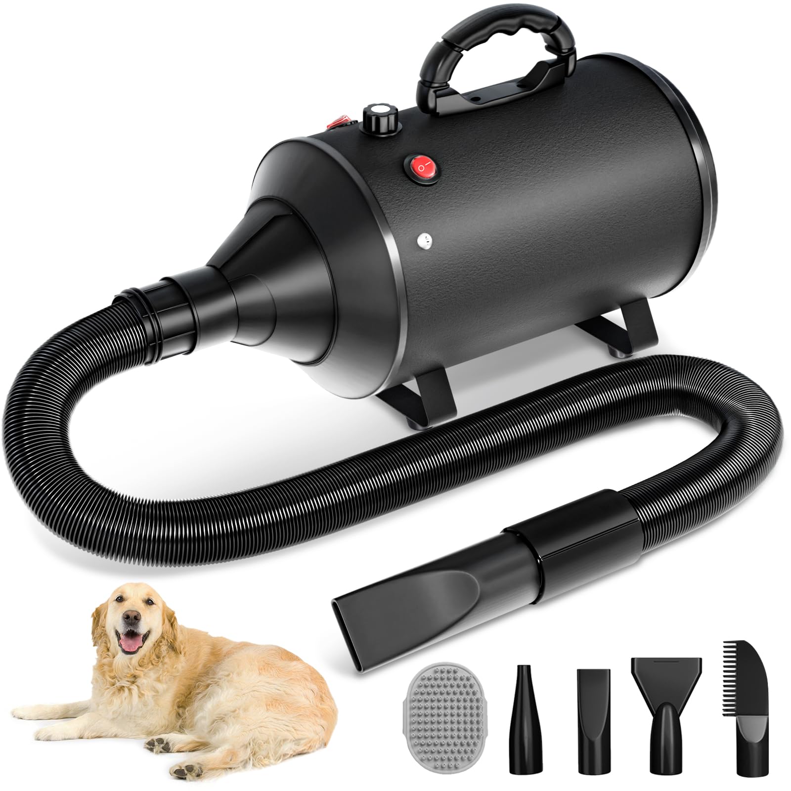 Photo 1 of **FACTORY SEALED** High Velocity Blow Dryer For Dogs, 5.2HP/ 3800W Dog Hair Dryer Speed Temperature Adjustable?Dog Blow Dryer with Thickened Handle,Low Noise Dog Blower Grooming Dryer?4 Nozzles ,1 Massage Brush,Black