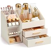 Lolalet Makeup Organizer Countertop with Drawers, Easy to Clean PU Leather Storage Box, 3-Layer Cosmetic Holder for Skincare, Lipstick, Perfume &amp; Brush, Display Case for Vanity Dresser Bathroom -Cream
