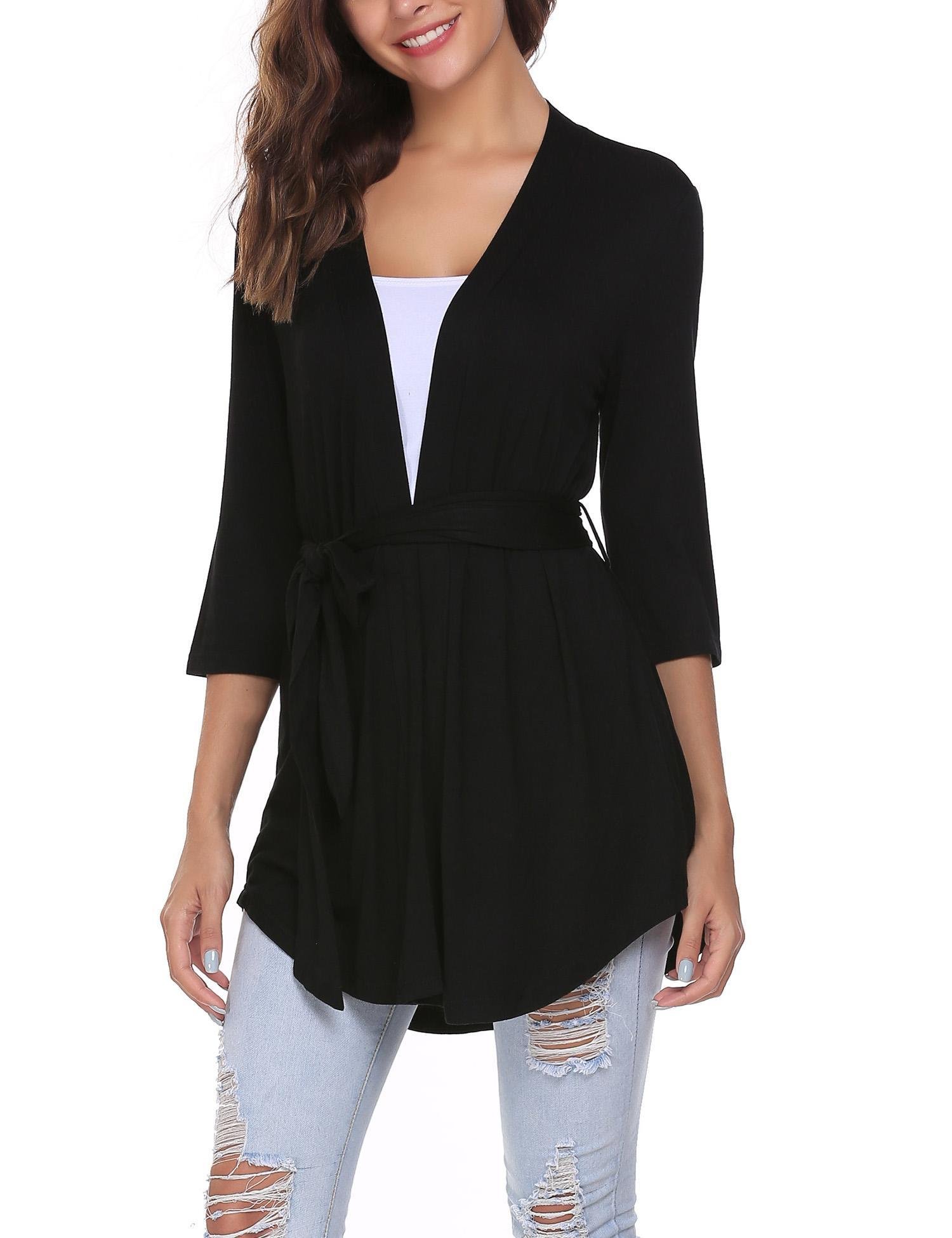 Zeagoo Women\'s long Sleeve Draped Open Front Longline Asymmetrical Hem Kimono Cardigan w/ Belt (Black/M)