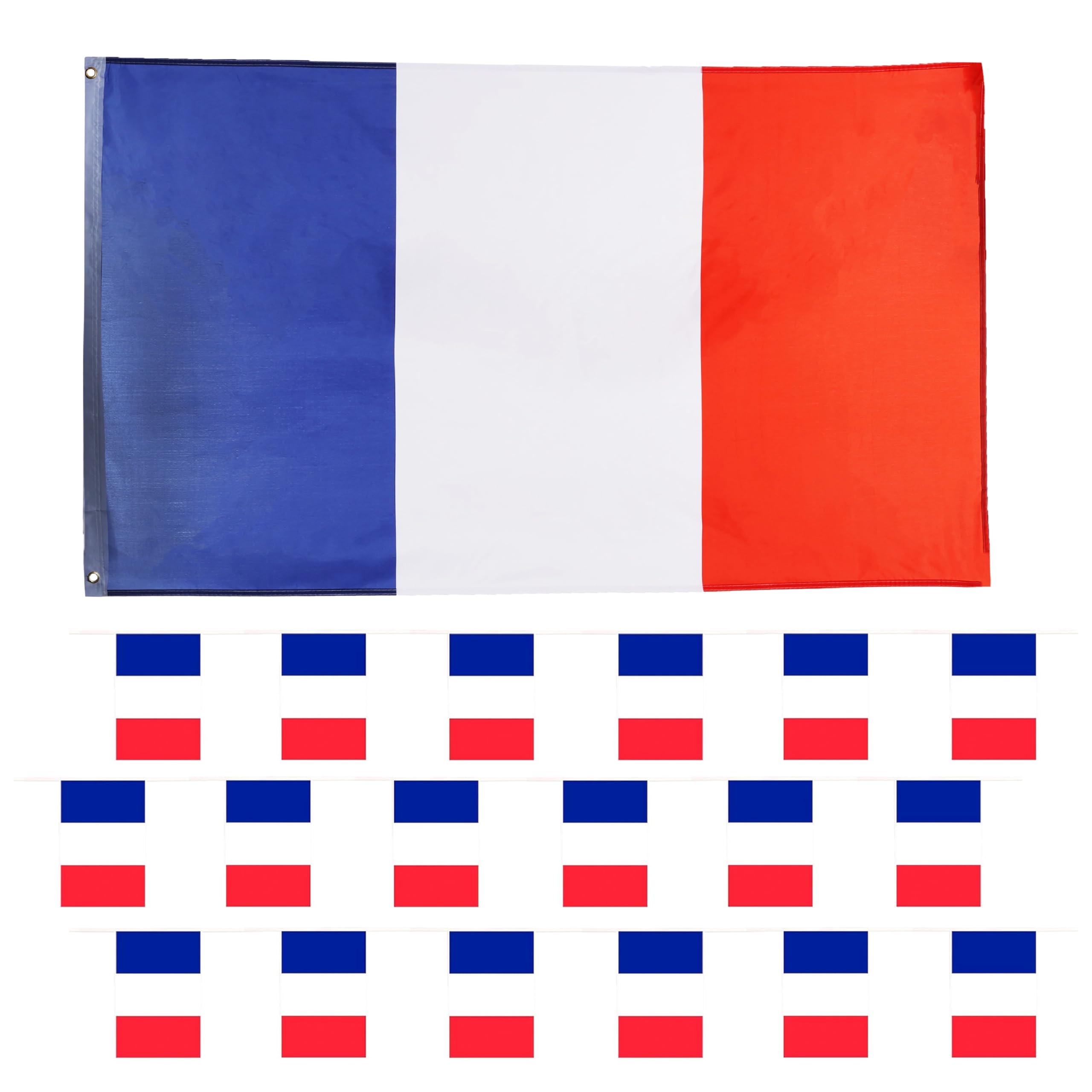 Eurovision France Flag Bunting and Flag Set - French - All Weather Bunting Approx 10m 30ft - 20 Flag - Large Flag with Grommets Approx 5ft x 3ft - Football, Rugby Events - Parties - Sporting Events