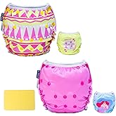 EZ Moms Baby Swim Diapers Reusable 2Pcs Large Size Snap Adjustable Washable One Size Toddler Swim Diaper with a Shammy Towel for Baby Girl Water Diaper Waterproof Swimming Diapers for Swimming Lessons