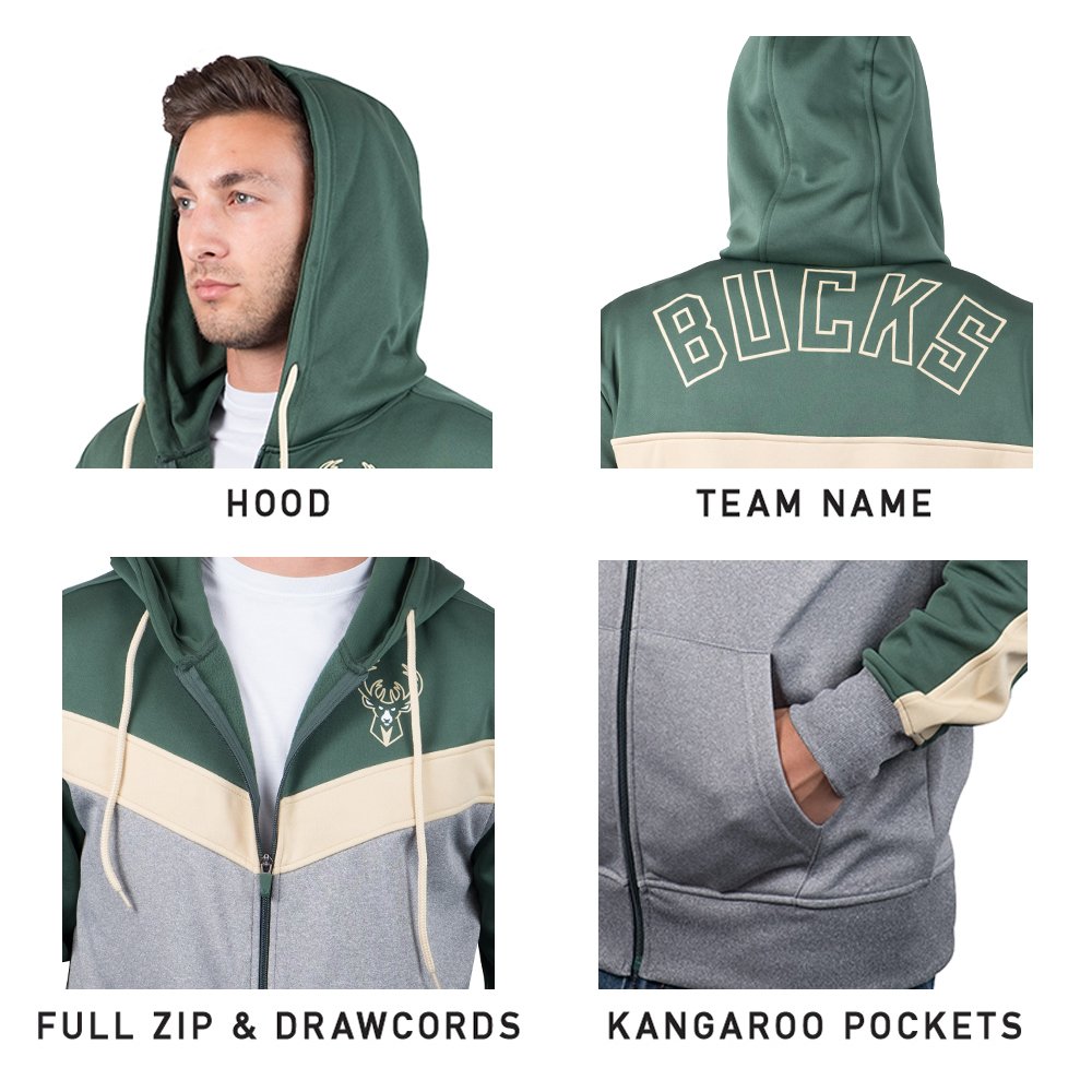 Ultra Game NBA Official Mens Contrast Back Cut Full Zip Hoodie Sweatshirt - Unisex, Milwaukee Bucks, Team Color, Medium