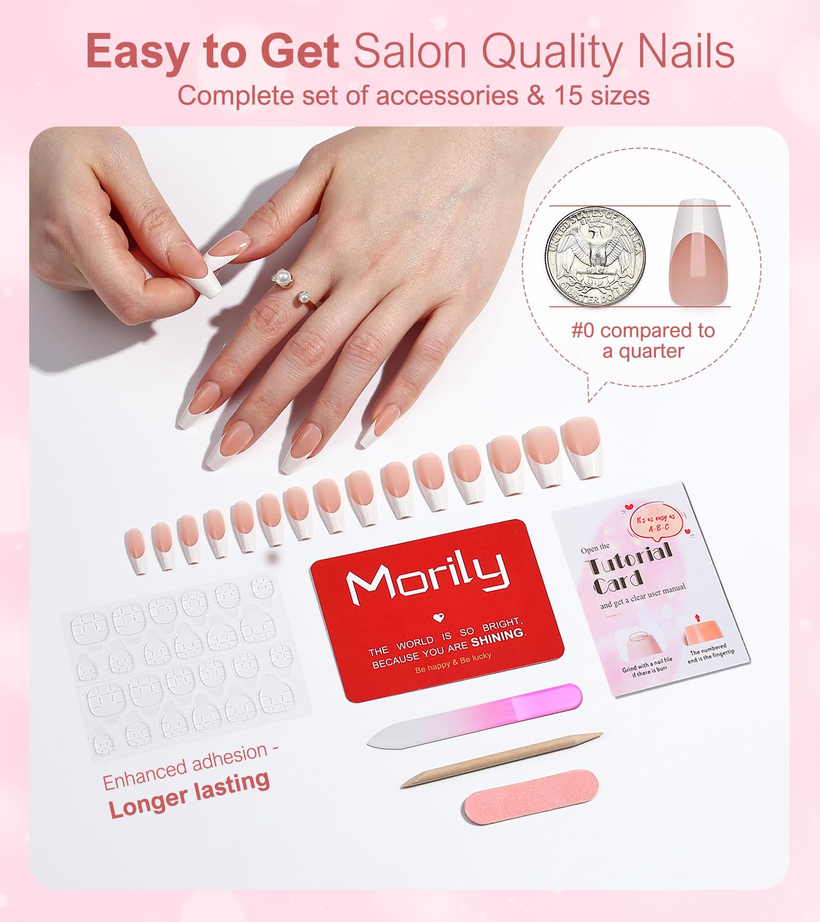 Morily Light Pink White French Tip Press on Nails, 30Pcs Long Coffin Thicker Fake Nails Reusable False Nails with Design, Glossy Acrylic Stick on Nails for Women, 15 Sizes, Include Glass File - Image 6