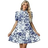 Women Floral Mini Dress Short Sleeve Stand Collar Button Up Elegant Work Swing Short Pleated Dress