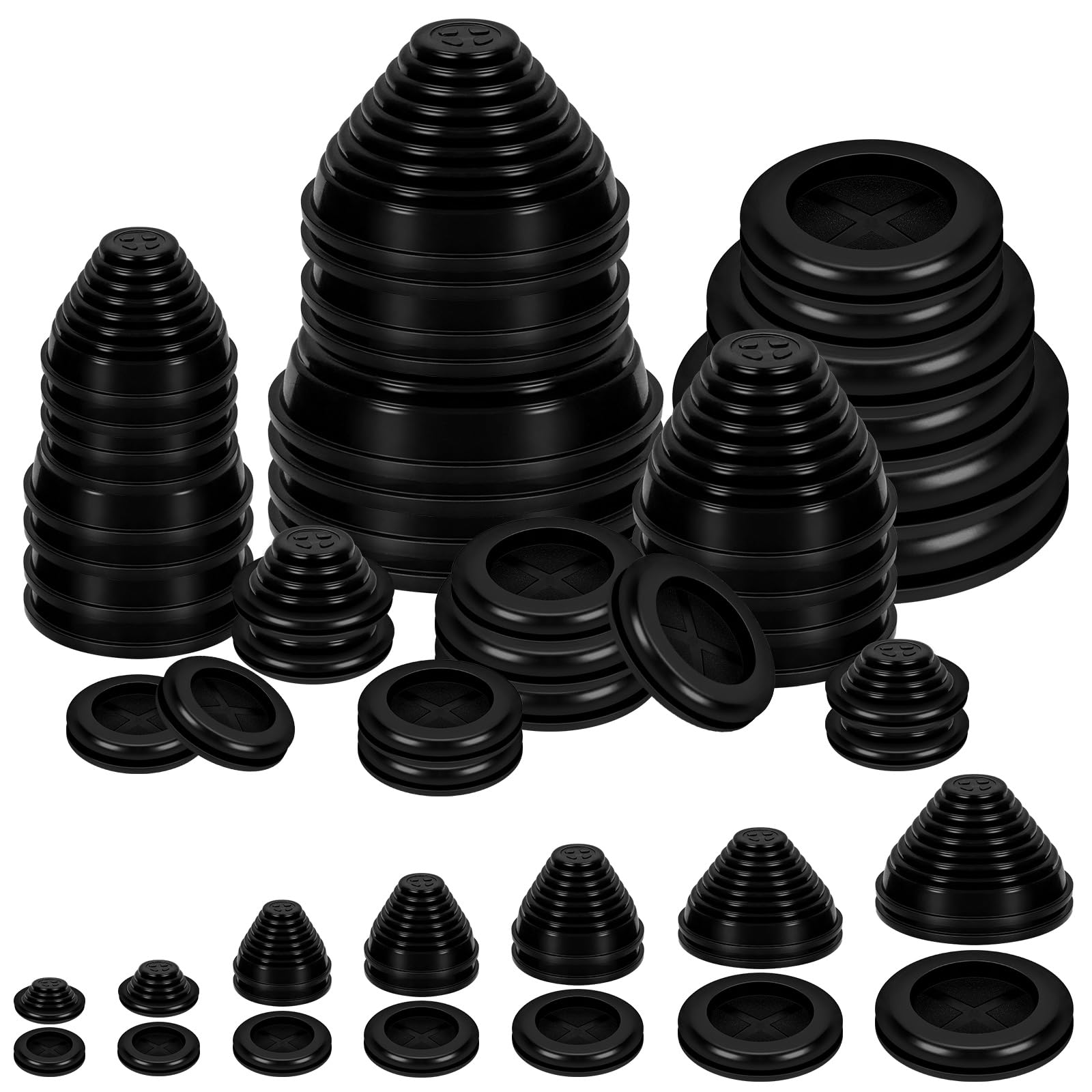 Glarks 28pcs 7 Sizes Rubber Grommets, Black Round Double Sided and Tower Shaped Drill Hole Grommet, Wire Protection Firewall Grommet, Rubber Hole Plug, Closed Rubber Grommet for Wire, Cable Protection