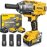 ALLOYPOWER Cordless Brushless Impact Wrench, 1475 ft-lbs (2000N.m), 1/2 High Torque power impact gun, 3-Mode Speed, 2*4000mAh Battery, 3 Sockets, Electric Impact Wrench Set for Car Tire Truck RV Mower