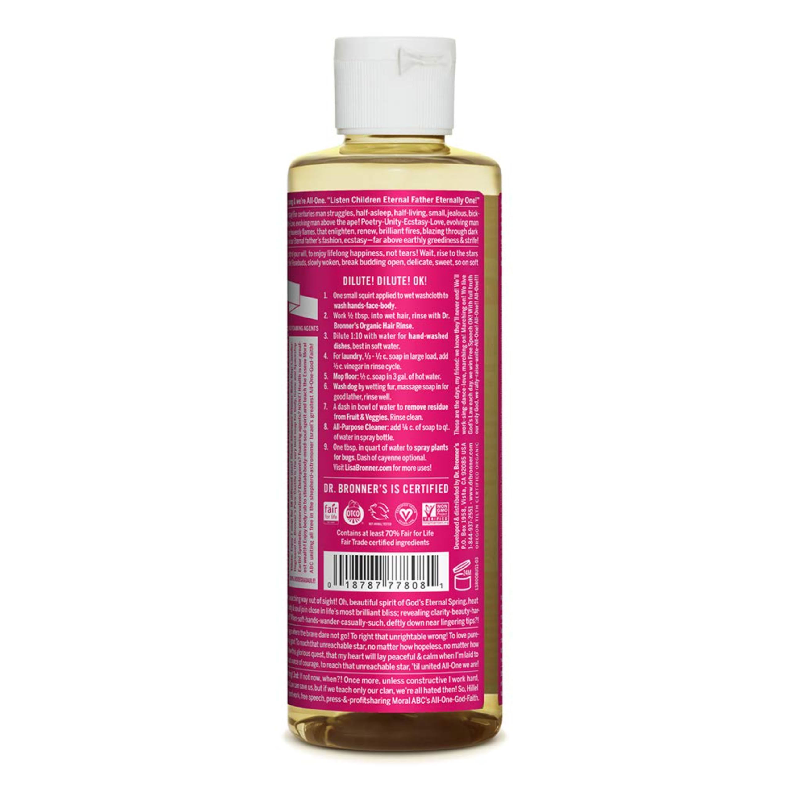 Dr. Bronner's - Pure-Castile Liquid Soap (Rose, 8 ounce) - Made with Organic Oils, 18-in-1 Uses: Face, Body, Hair, Laundry, Pets and Dishes, Concentrated, Vegan, Non-GMO