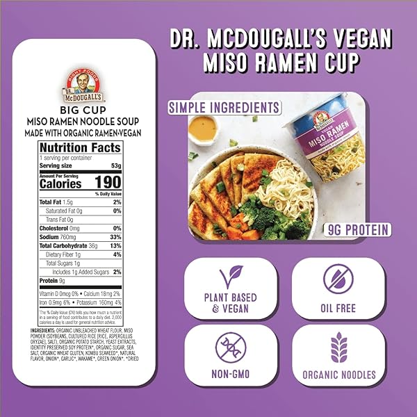 DR. MCDOUGALL’S VEGAN MISO RAMEN SOUP – INSTANT RAMEN NOODLES CUPS – ORGANIC INSTANT NOODLES – VEGAN SOUP – VEGETARIAN – 1.9 OUNCES – 6 PACK