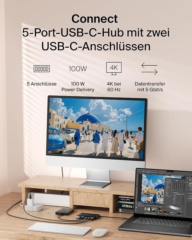 USB C Hub, 5-in-1 Docking Station, HDMI, 4K bei 60 Hz, 100 W Power Delivery, 5 Gbit/s Datentransfer, USB-C Adapter für MacBook, iPad Pro, Chromebook usw., Verbessertes HDMI 2.0 – Schwarz