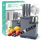 Teammay 10-Piece Kitchen Knife Set with Metal Block, Grey | Built-in Sharpener, 5 Ultra Sharp Kitchen Knives, Scissors, Stainless Steel Professional Cutlery Set