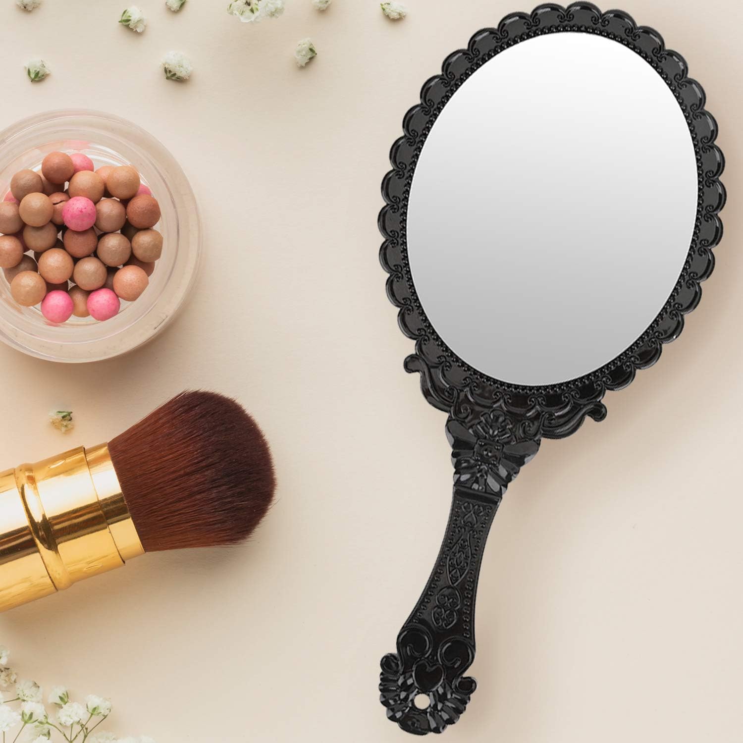Yusong Vintage Handheld Mirror, Small Hand Held Decorative Mirrors for Face Makeup Embossed Flower Portable Antique Travel Personal Cosmetic Mirror with Powder Puff (Black): Furniture & Decor