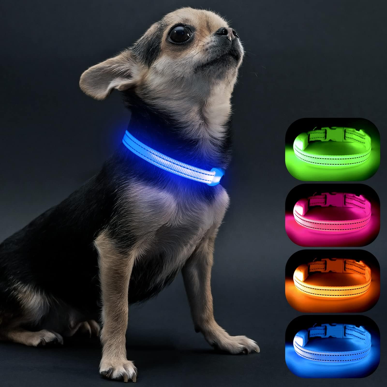 Visinite LED Dog Collar USB Rechargeable, Reflective Light Up Pet Collar for Night Walking, Adjustable Glow Collar for Small Medium Large Dogs (Blue, S)