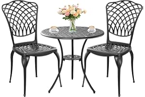 Withniture Black Cast Aluminum Bistro Set 3 Piece Outdoor,Small Patio Table and Chairs with Umbrella Hole,Outdoor Bistro Set for Front Porch Set Woven Patio Set for Garden,Yard(Black)