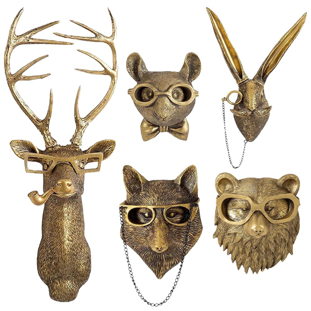 Photo 1 of maytopia Animal Heads Wall Decor, Deer Head Wall Mount, Resin Animal Sculptures Head Wall Hanging Decoration for Family Living Room Bedroom Bathroom Kitchen Gift (5pcs-Set)