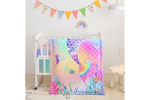 Datura Home Crib Bedding Set - 3pc Nursery Set with Comforter, Crib Sheet & Skirt, Mermaid Scales Printed Bedding for Baby Boys & Girls