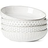 LE TAUCI Pasta Bowl 36 oz, Salad Bowl Serving Plate Bowls, Housewarming Wedding Present, Ceramic Embossment Bowl for Pasta, Fruits, Salad, Noodle, Dinner - 8 Inch, Set of 4, Arctic White