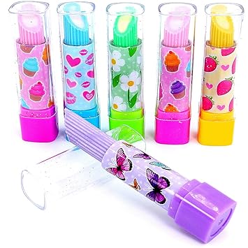 German Trendseller® - 12 x Glitzernde - Lip - Stick Radierer für Kinder ? Kindergeburtstag ? Mitgebsel ? Lippenstift ? 12 Stück
