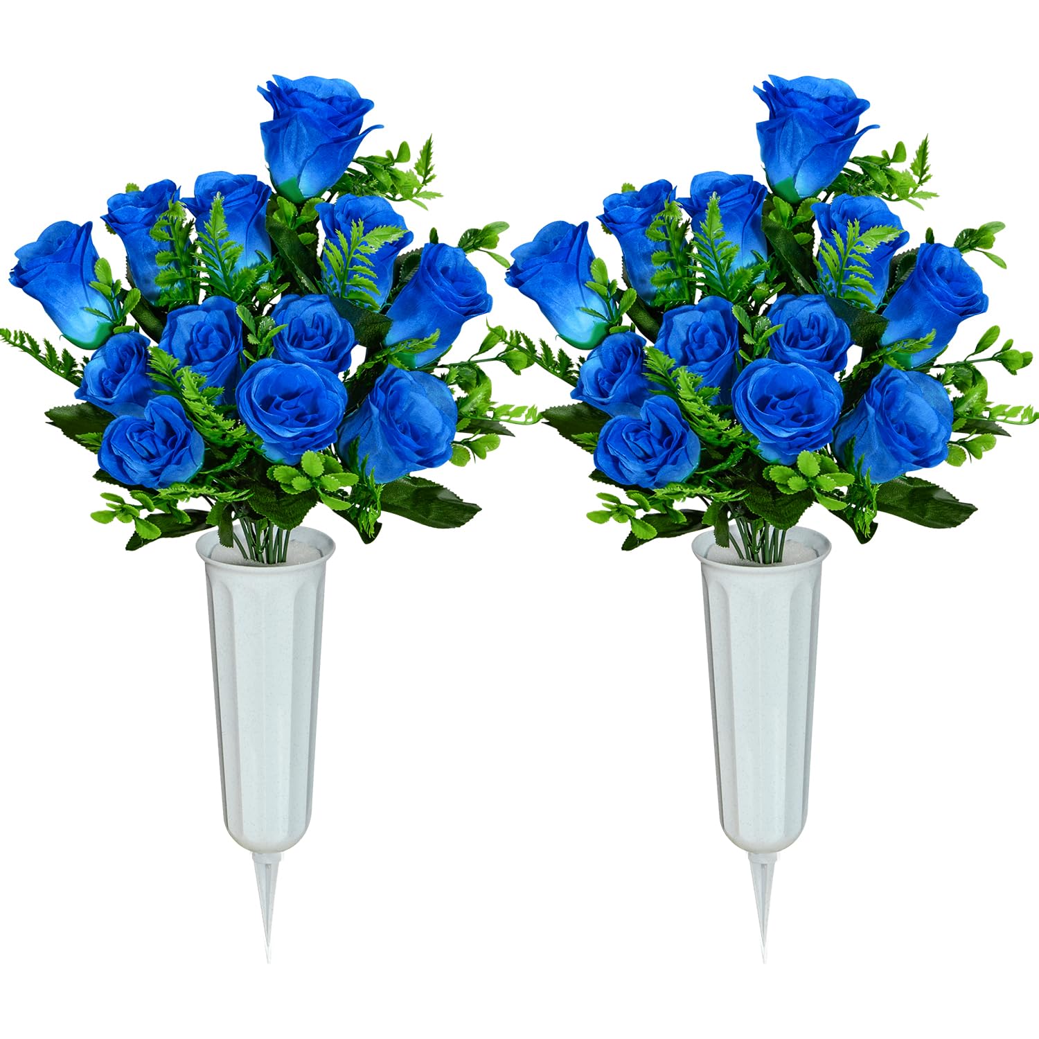 SIFOEL Artificial Cemetery Flowers with Vase, Artificial Rose Bouquet Grave Memorial Flowers for Cemetery Headstones Decoration (Blue-2Pcs) โ image 1