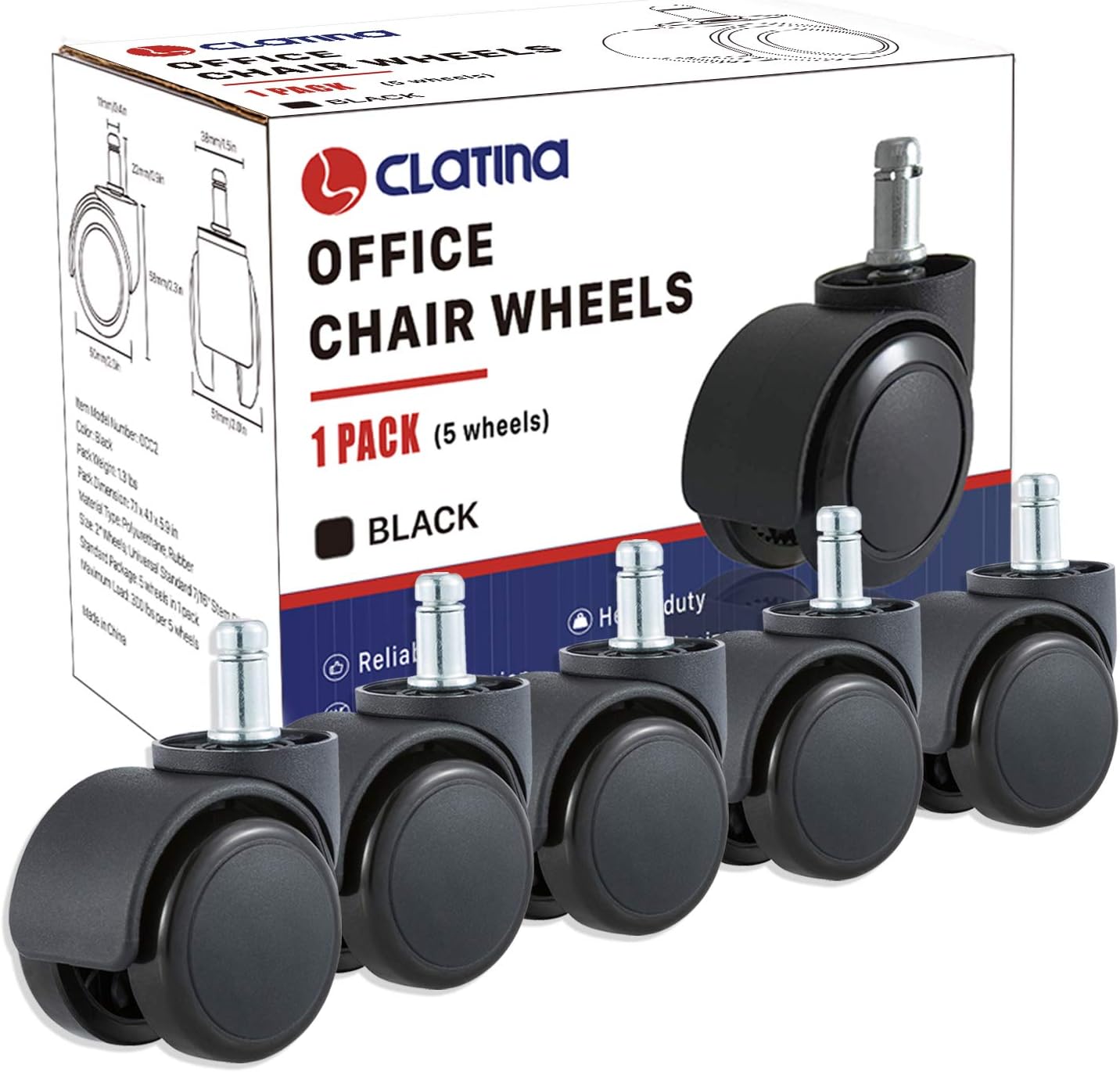 2 Inch Office Chair Caster Wheels Replacement Set of 5 Floor Protecting Smooth Rolling Heavy Duty Computer Gaming Desk Universal Fit Standard Size Black : Office Products