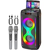 Karaoke Machine, Portable Outdoor Speaker with 2 Wireless Microphones, PA System with LED Lights for Camping, Beach, Party, Supports USB/TF/REC/AUX, 6000mAh Battery, Ideal Gifts for Adults