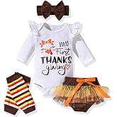 fioukiay Newborn Baby Girls Thanksgiving Clothes Outfits Infant 4pcs Turkey My First Thanksgiving Romper Shorts Clothing Sets