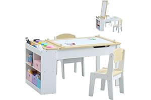 GABHX Kids Art Table Set with Chairs, 3-in-1 Kids Art Easel & Craft Desk for Coloring Drawing, Activity Table with 6 Paint Cups, 6 Storage Bins & Paper Roll Holder