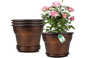 FODETYFF Plant Planters Pots Set of 4 Pack 9 Inch, Plastic Flower Pot for Indoor Plants with Drainage Holes & Trays, Resin Decorative Container Sets with Saucer for House Outdoor Garden Planters Copper