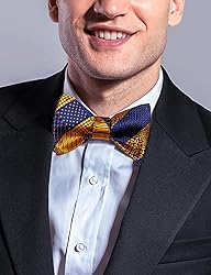 DiBanGu Blue and Gold Bow Ties for Men Plaid Bow