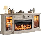 Fireplace TV Stand Up to 80" TVs, 70'' Modern Entertainment Center with 36" Electric Fireplace & LED Lights, Farmhouse Media Console with Storage Cabinet & Drawer for Living Room, Antique Brush Grey