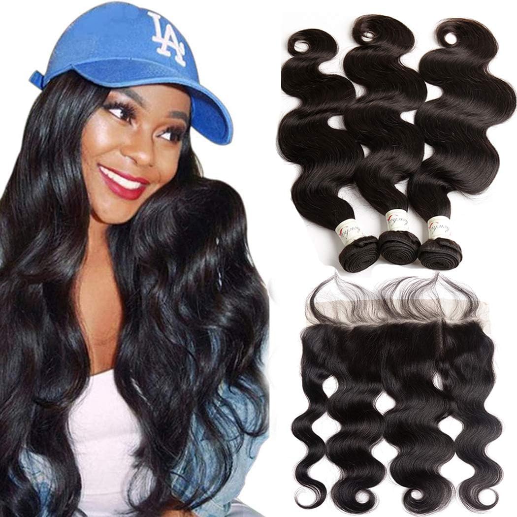 Brazilian Virgin Human Hair Bundles with Frontal 10a Unprocessed Remy Hair Brazilian Body Wave Human Hair 3 Bundles with 13x4 Ear to Ear Lace Frontal Closure (16 18 20+12)