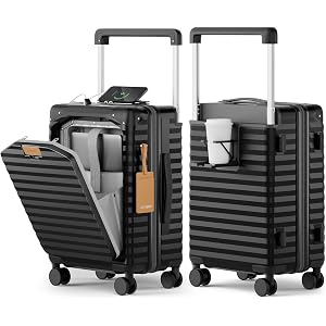 Joyway 20 Inch Carry on Luggage with Front Pocket and Cup Holder, Black | PC Hardshell Suitcase with Wheels, Laptop Compartme