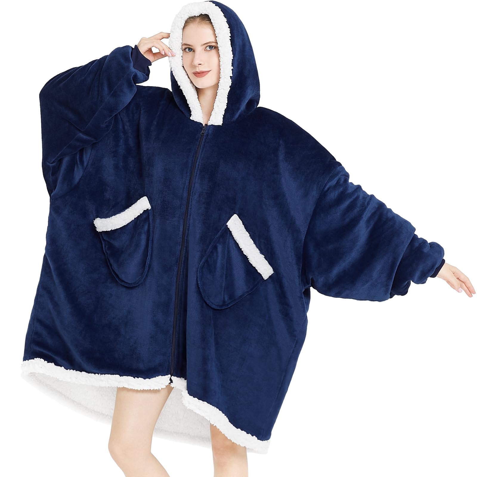 Photo 1 of Topcee Oversized Wearable Blanket Sherpa Fleece Blanket Hoodie Comfortable Soft Warm Thick Big Hooded Sweatshirt Hoodie Blanket - Cozy and Fuzzy blanket Hoodie with Giant Pocket - Navy Blue