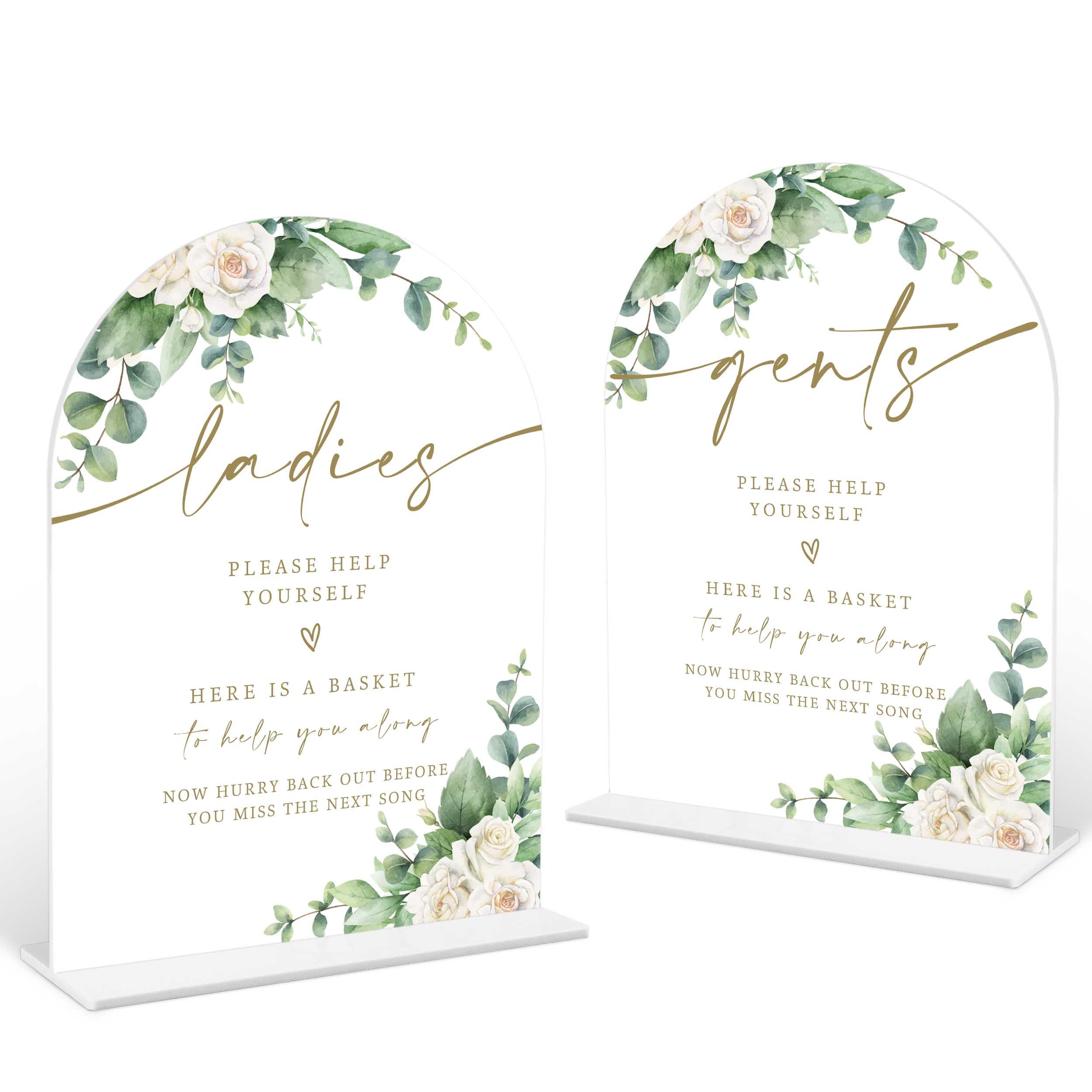 Photo 1 of 2 Pcs Eucalyptus Rose Wedding Bathroom Ladies & Gents Basket Signs, 6 x 8 Inch White Arch Acrylic Sign with Holder, Wedding Signs for Ceremony and Reception, Wedding Decor Supplies - AM32