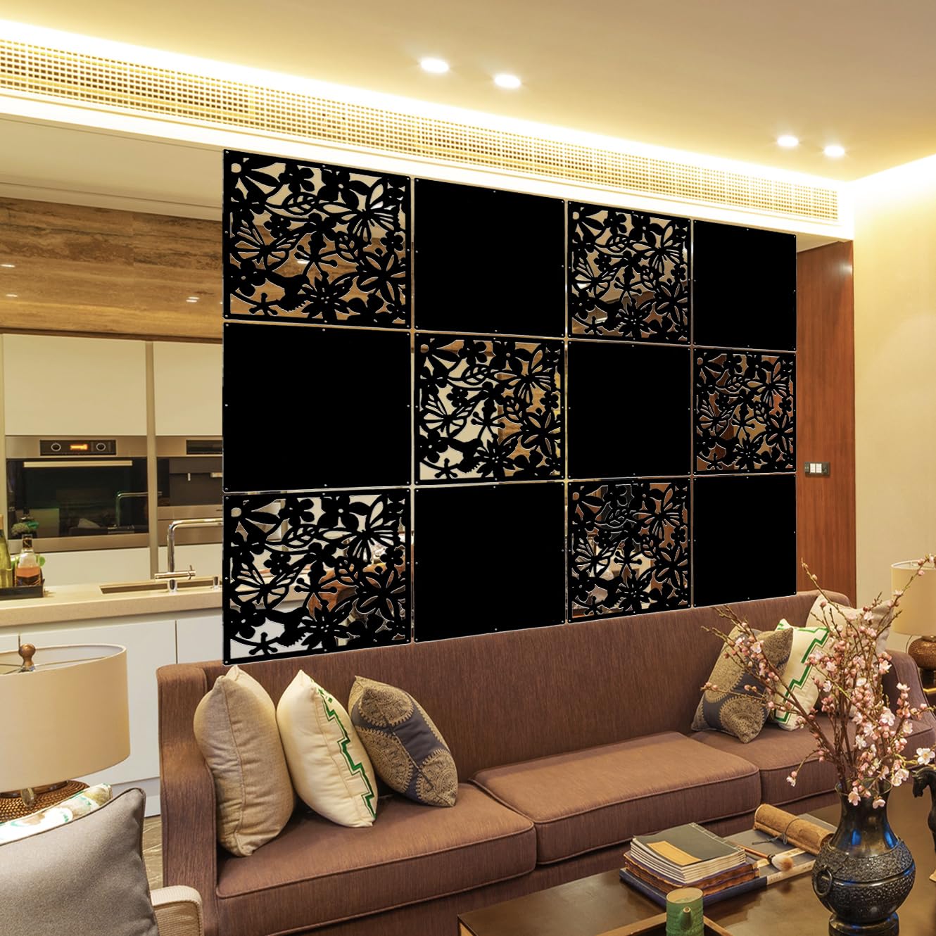 LRZCGB Hanging Room Divider,12pcs PVC Hanging Screen Panel for Decorating Living,Dining,Study and Sitting-room,Hotel and Bar(Black+Solid Board)