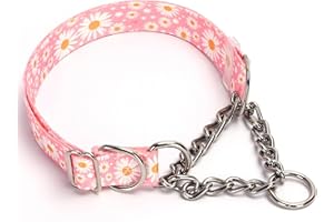 MAOWUWUJOZ Stainless Steel Chain Martingale Dog Collar, No Pull Slip Cinch Choker Choke Collar Training Escape Proof Heavy Duty Dog Collar for Medium Large XL Pet Dogs, Pink Daisy M