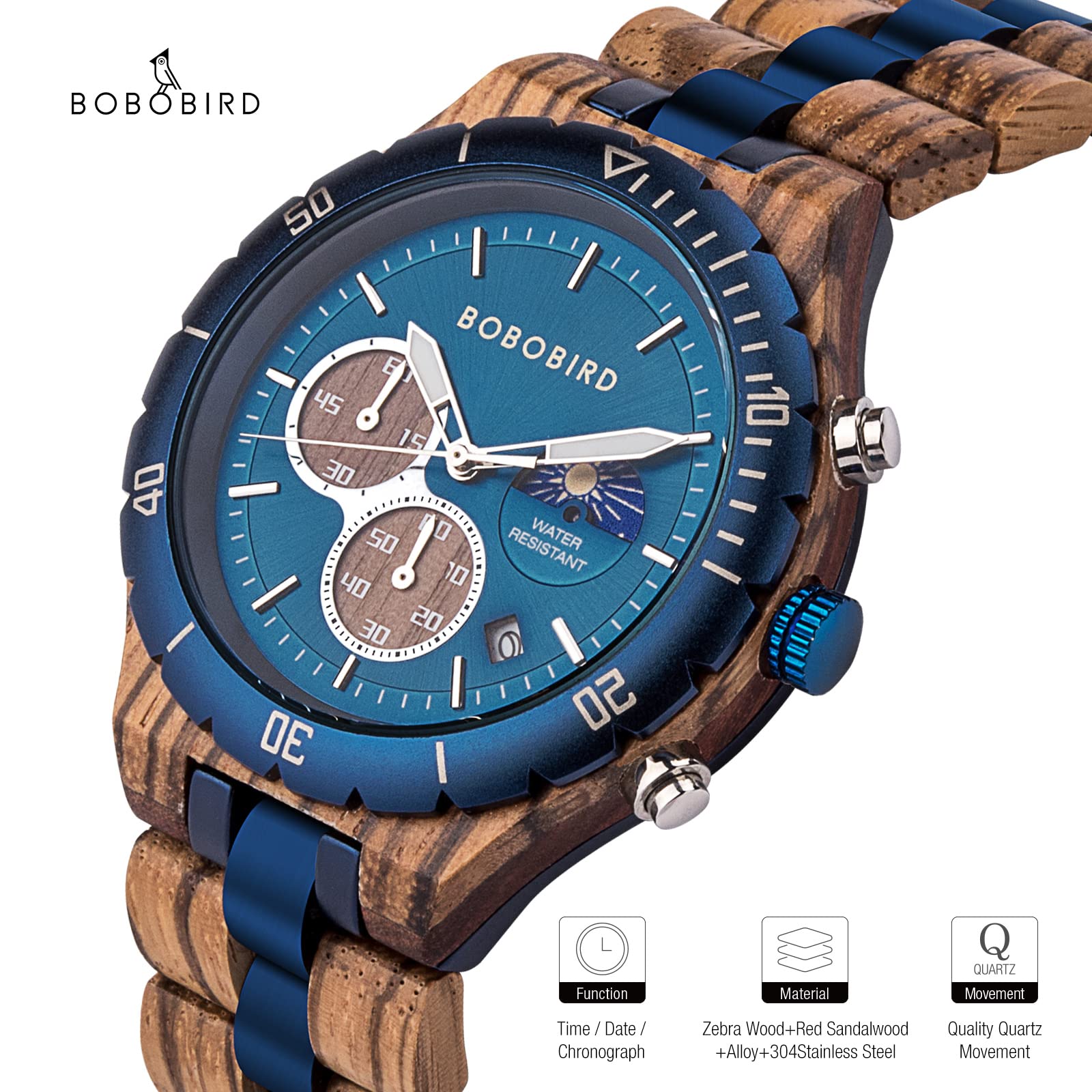 BOBO BIRD Men's Quartz Wooden Watch Stainless Steel Red Sandalwood Alloy Wooden Watch for Men Classic Function Wrist Watch Chronograph Luminous Hands Day and Night Date Display, blue, Classic