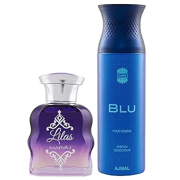 Maryaj Lilas Eau De Parfum Citrus Floral Perfume 100ml for Women and Ajmal Blu Homme Deodorant Aquatic Woody Fragrance 200ml for Men + 2 Parfum Testers FREE