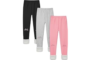 Cooraby 3 Pack Girls Fleece Lined Leggings Cotton Kitty Printed Winter Warm Tights Thick Elastic Thermal Pants for Kids
