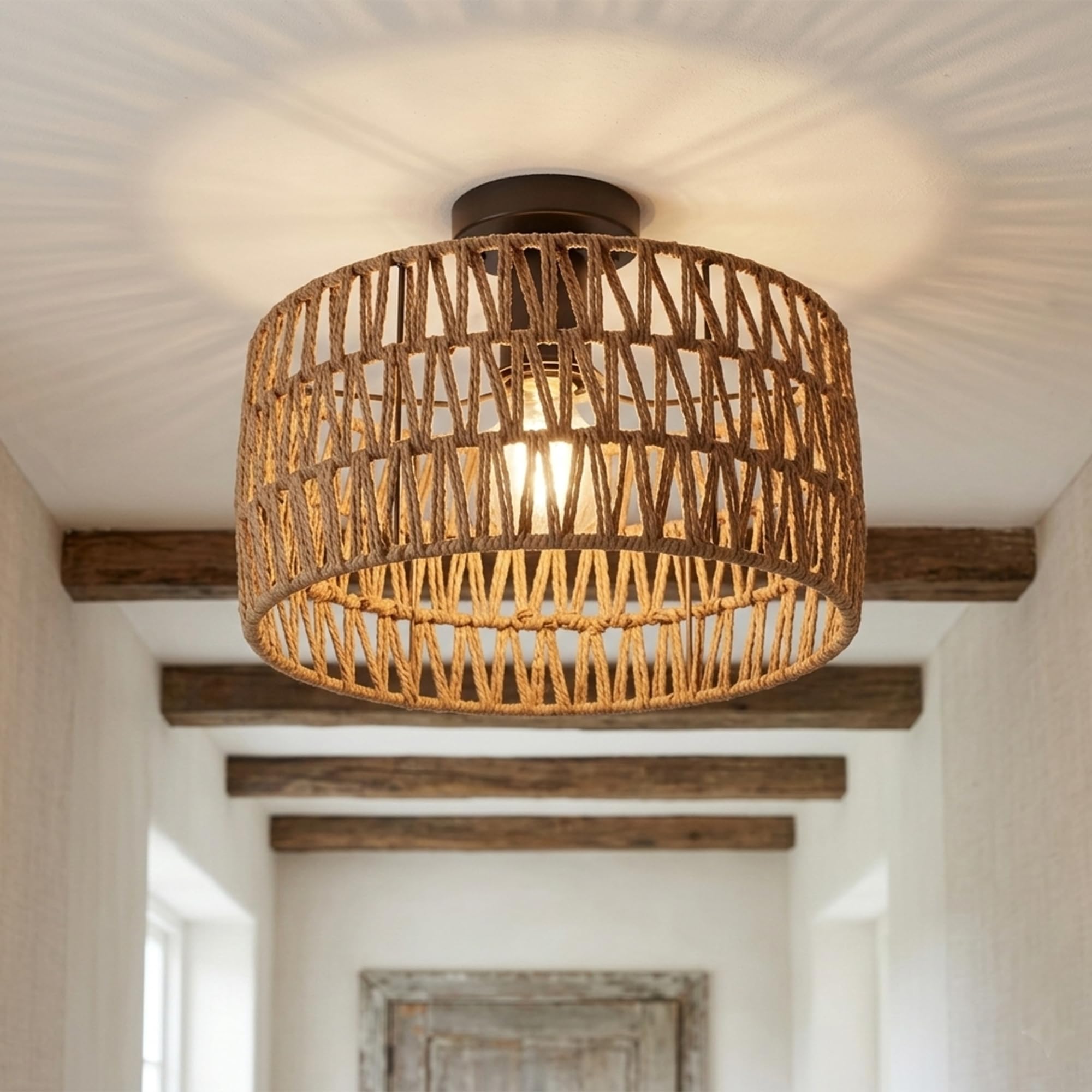 Condition photo showing New/Like New for boho rattan lamp shade handwoven raffia rope lampshade 11.8" x 6.7", woven light shade for e26 socke