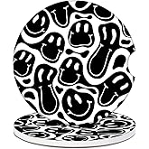 Car Cup Holder Coasters - Black Hippie Smiley Face Absorbent Ceramic Coaster 2 Pack, Anti Slip Car Coasters for Cup Holders, Fashion Car Interior Accessories Drink Coaster for Women & Men