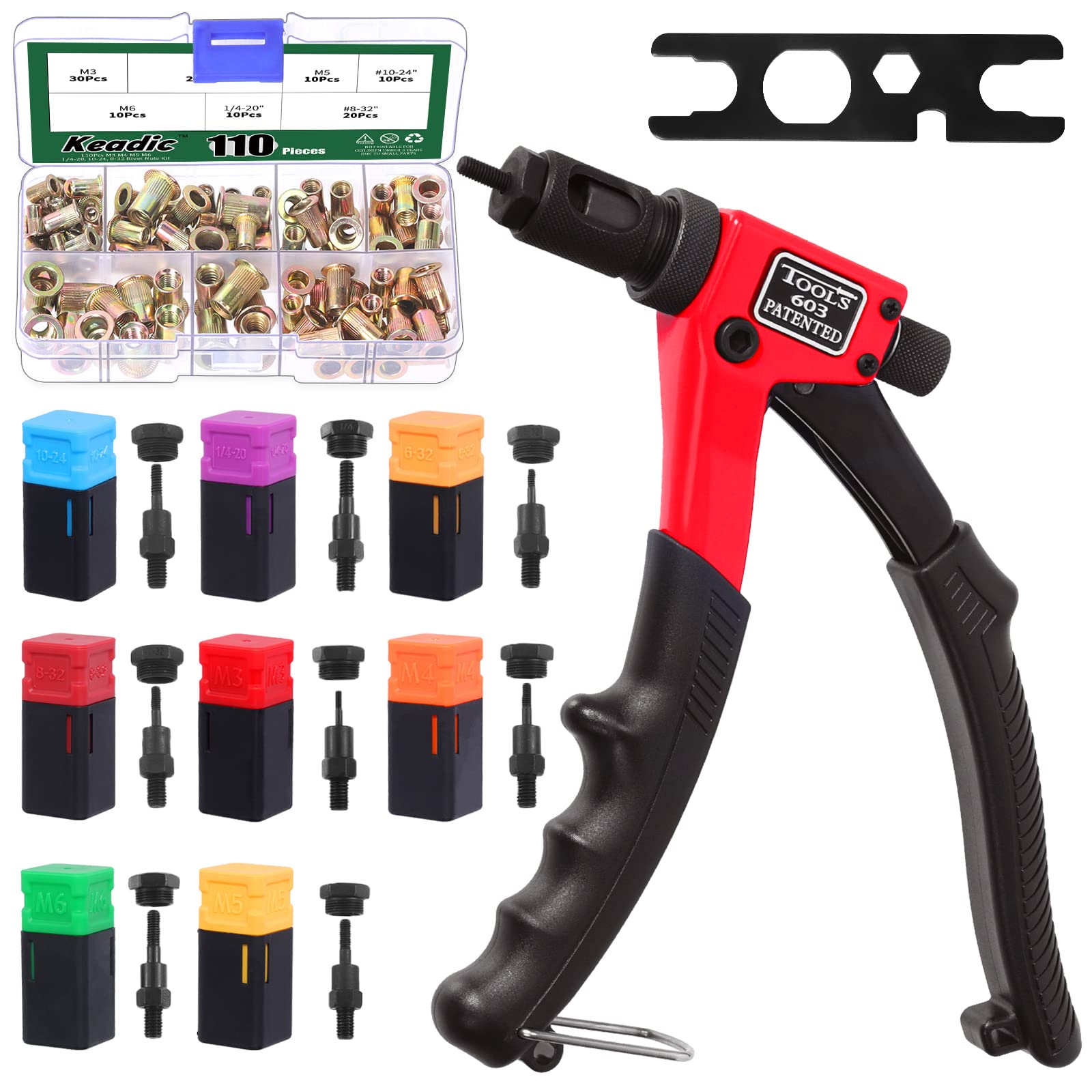 Keadic 120Pcs Professional 8" Rivet Nut Tool Kit Contains M3, M4, M5, M6, 1/4-20", 10-24", 8-32", Zinc Plated Rivnuts, Hand Rivet Gun with Metric & SAE Interchangeable Mandrels