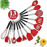 Silicone Cooking Utensil Set, ChicAid Kitchen Utensil Set with Spatula, Heat Resistant Non-stick Kitchen Gadgets Cookware Set with Silicone Stainless Steel Handles(red, 13pcs)