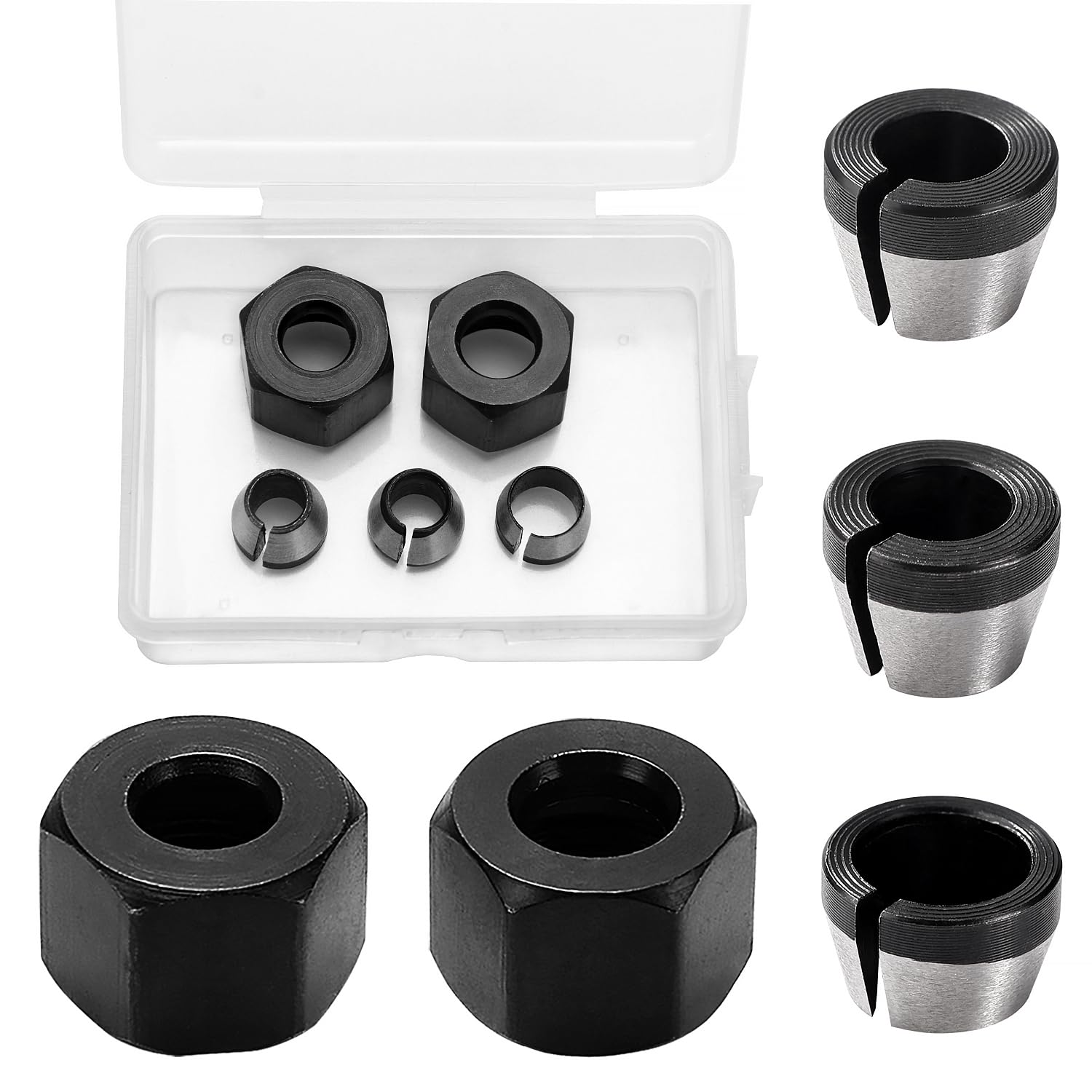 VooGenzek 3 Pieces Router Collet Chuck, 6mm 6.35mm 8mm Steel Router Collet with 2 Screw Nut, for Woodworking Trimming Engraving Machine — image 1