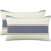 AmHoo Pack of 2 Farmhouse Linen Throw Pillow Cover Cushion Stripe Decoration Buffalo Retro Pillowcase with Hidden Zipper for Sofa Bedroom Car 12 x 20 Inch Blue