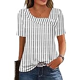 Soesdemo Short Sleeve Shirts for Women Asymmetrical Square Neck with Button Tops Casual Flowy Lightweight Summer Blouses