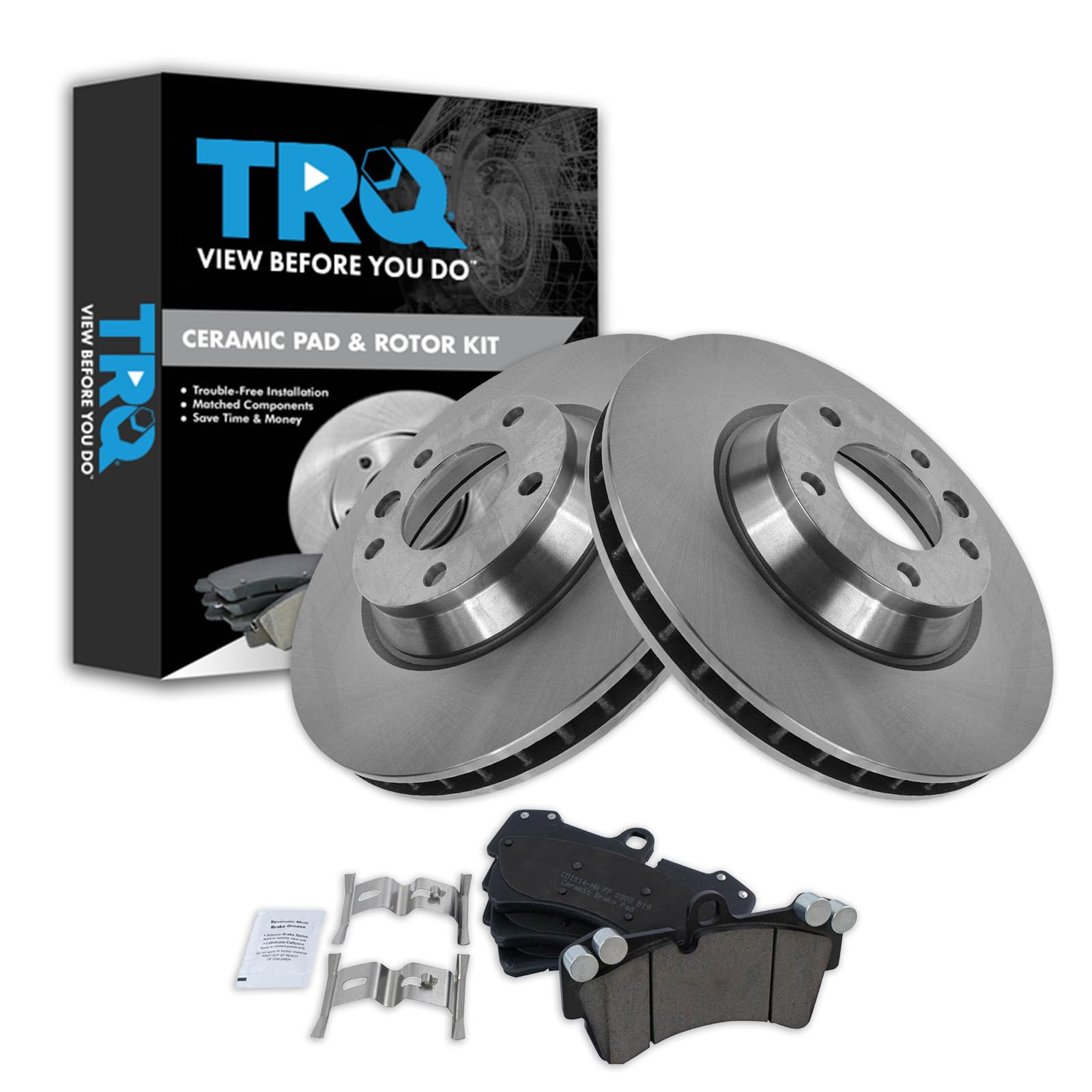 TRQ Front Brake Pad and Rotor Set Ceramic Vented Rotors 350mm Diameter Compatible with 2007-2015 Audi Q7 2003-2010 Porsche Cayenne 2004-2008 Volkswagen Touareg Image