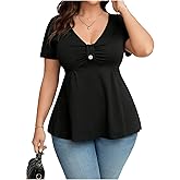 SOLY HUX Women's Plus Size Peplum Tops Casual Ruched Ruffle V Neck Short Sleeve T Shirts Cute Tees