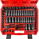 EACELIY 64pcs 3/8" Socket Set,Drive Impact Socket Set, SAE/Metric, Deep & Shallow, Cr-V Steel, 6 Point with Adapters, 72T Ratchet Handle, Extension Bars,Bit Adapter,6-24mm,5/16-1 inch